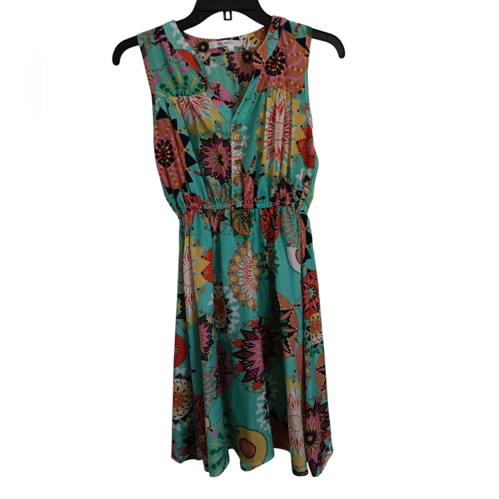 Joy & Co. Sleeveless Mini Dress, Aqua with Multi-Color Print, sz L, EUC!